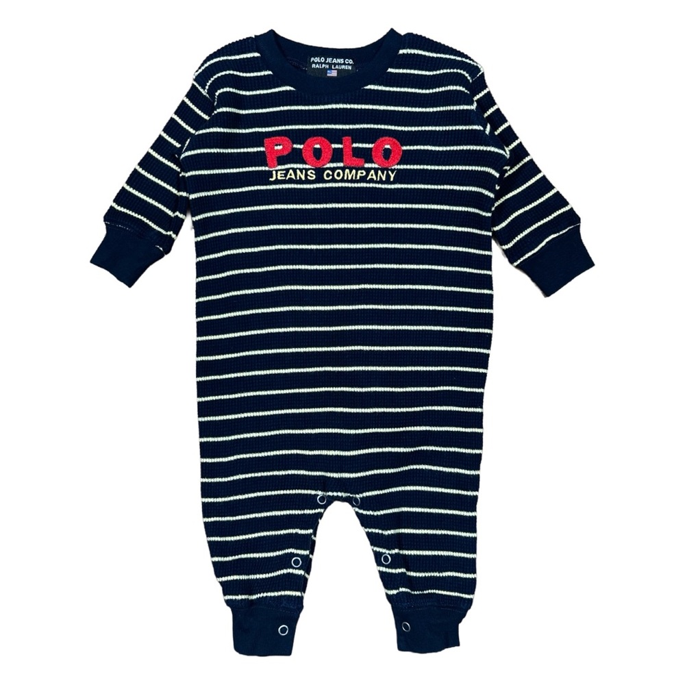 VINTAGE 90s Polo by Ralph Lauren Boys Navy Striped Thermal Romper One Piece 3-6M